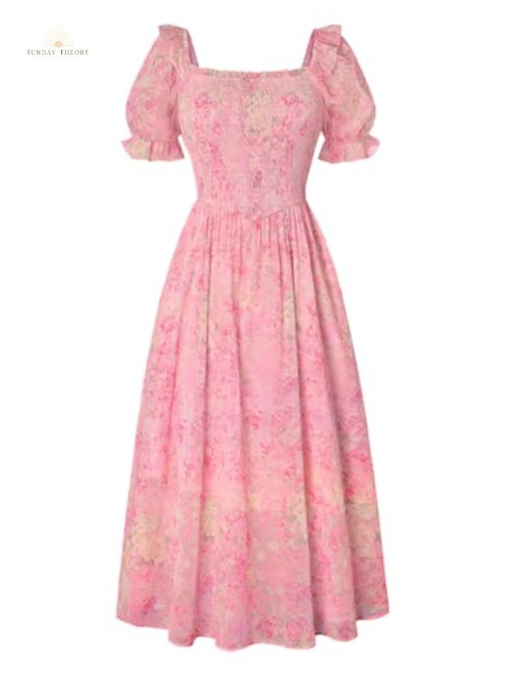 Women's Floral Chiffon Midi Dress Puff Sleeve Square Neck Smocked A-Line